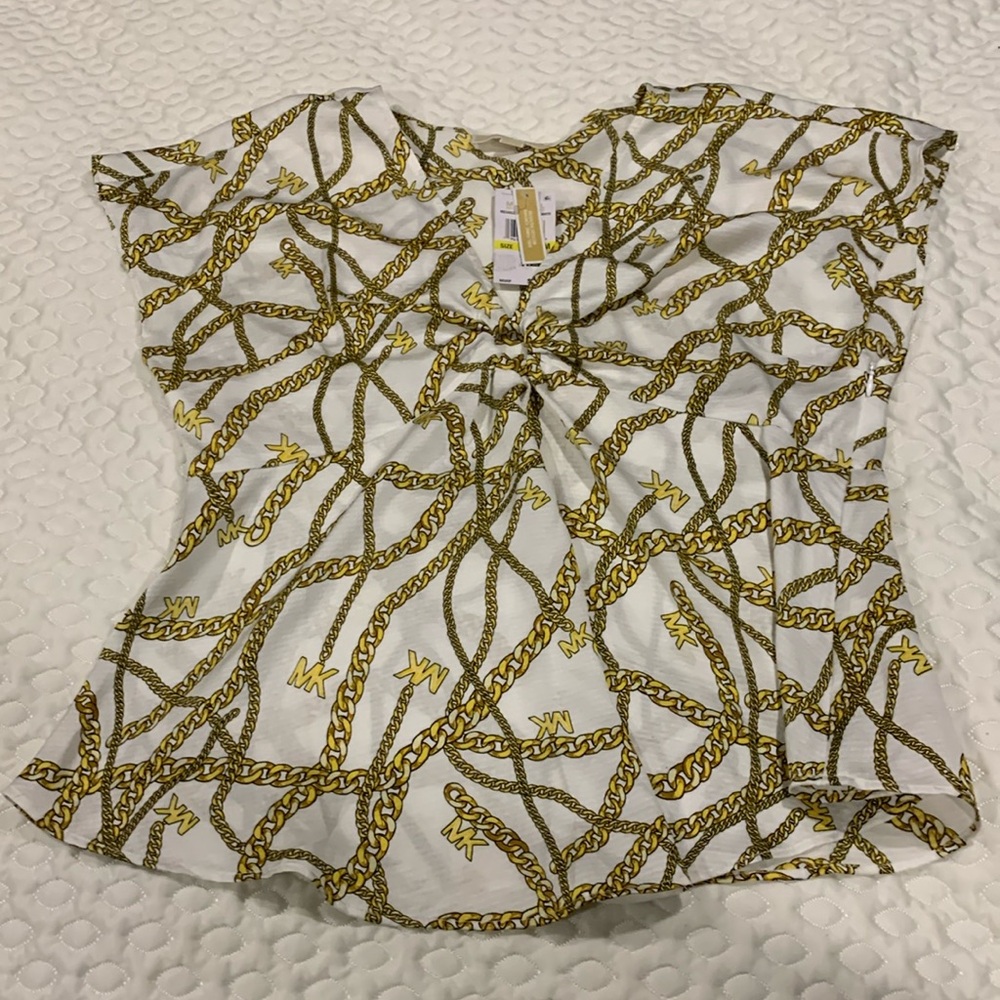 Michael Kors Women’s Logo Chain Print Blouse NEW Size Med White MK gold Chain